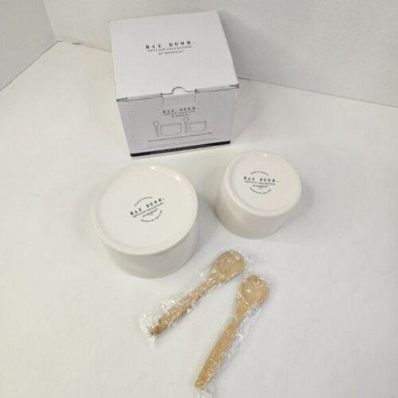 Rae Dunn Guacamole And Salsa Bowl Set Ceramic Dip Bowls 2 Bamboo Spoons - Picture 6 of 12